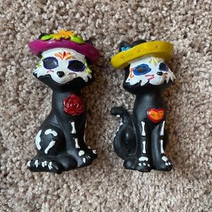 Set of 2 Halloween Mexican Sugar Skull Cat Figurines